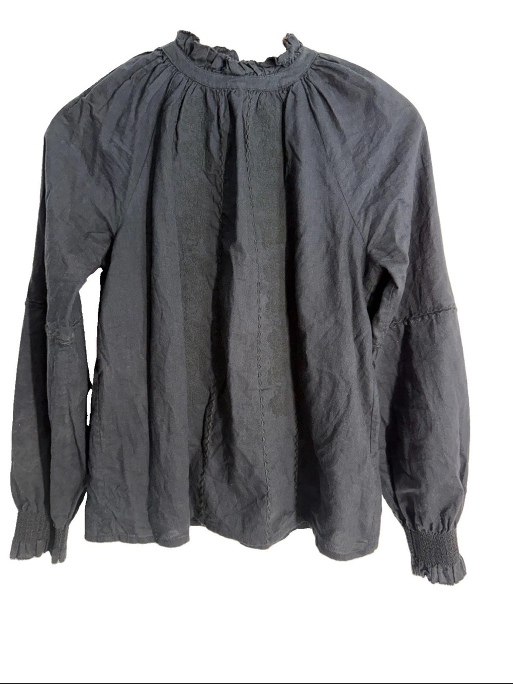 Faherty Blouse Women XS Black Embroidery Ruffle Neck‎ Long Sleeve Peasant Top
